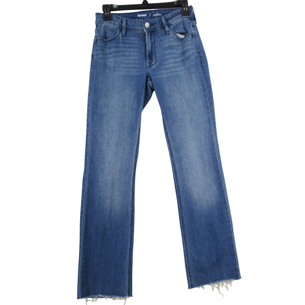 Old Navy Wow Boot-Cut Jeans Womens 0 Mid-Rise Medium Wash Raw Hem Denim Blue